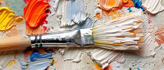   A macro image showing a paintbrush with various paint colors against a backdrop of diverse paintbrushes and paint colors on them