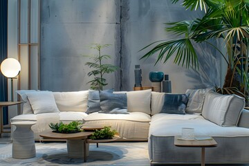 Creating a Clean and Elegant Minimalist Family Room with Sofas, Lamps, Plants, and Tables. Concept Minimalist Design, Family Room Decor, Sofas and Tables, Lamps and Lighting, Indoor Plants - obrazy, fototapety, plakaty