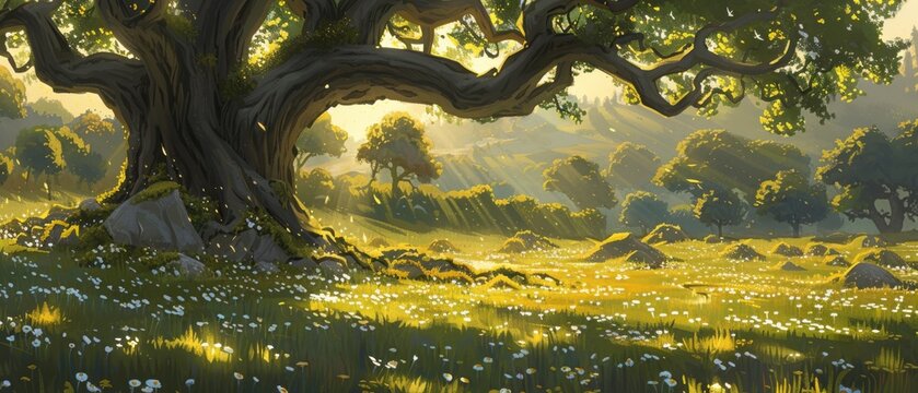   A painting of a massive tree standing tall in a lush green field, surrounded by boulders and vibrant blossoms