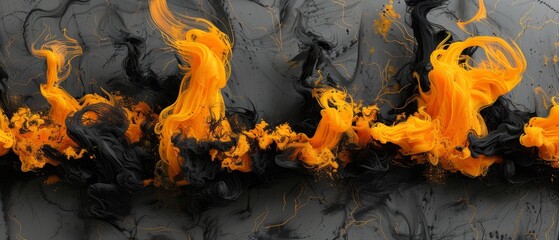  A photo depicts a collection of orange-black smoke particles scattered over a gray background, with distinct yellow stripes visible on the left edge