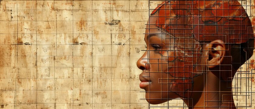   A woman's face is depicted through a wire mesh fence with a wooden backdrop