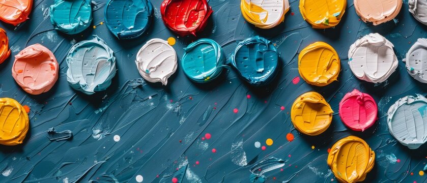   A close-up of various colors of paint on a blue background, featuring white and yellow splatters