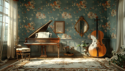 A vintage room with floral wallpaper, an antique piano and cello leaning against the wall, and soft lighting from large windows. Created with AI