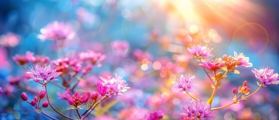   Close-up of bright flowers under the sun, with soft pink blurs in foreground