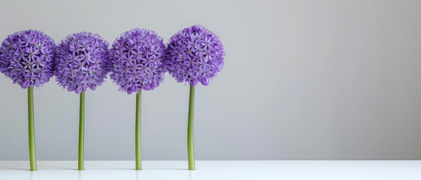   A collection of violet blooms arranged on a white surface adjacent to a gray backdrop
