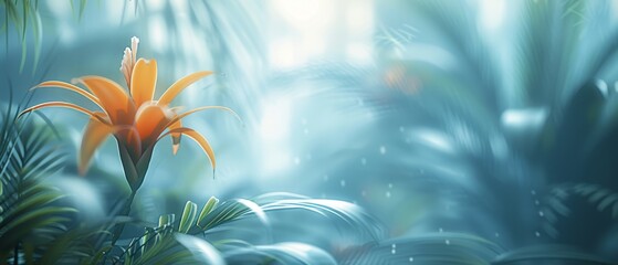   An orange flower painting amidst a lush green and blue plant forest, illuminated by sunbeams filtering through the foliage - obrazy, fototapety, plakaty