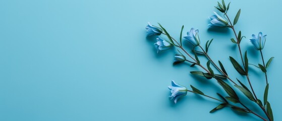   A collection of blue blossoms resting on a light-colored table alongside a verdant foliage arrangement atop a blue background - obrazy, fototapety, plakaty
