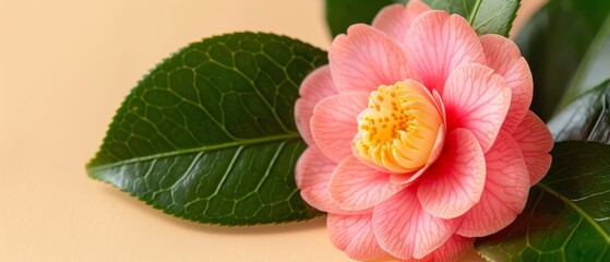   A pink flower on a yellow background with green leaves and a yellow stamen in focus