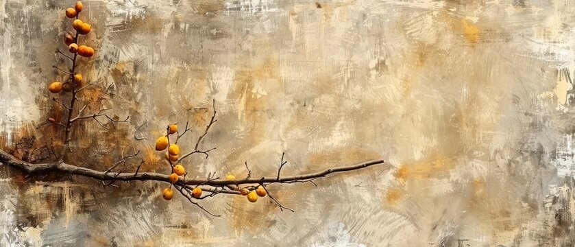   A painting featuring an orange-laden branch contrasting against a gray-yellow wall with flaking paint