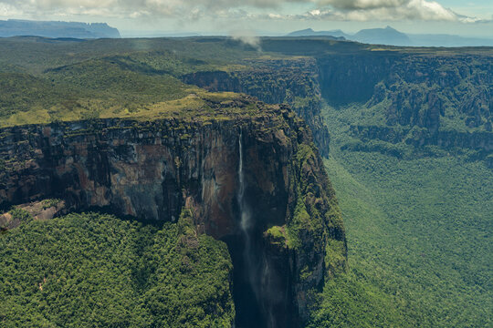 View of the Angel Falls (Salto Angel) is worlds highest waterfalls (978 m) on a sunny day - Venezuela, Latin America