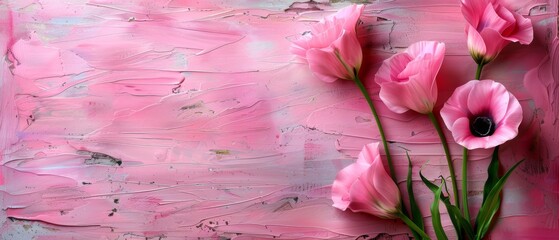   Three pink flowers on a pink background, centered by a black spot A white spot on a pink background, framed by the petals of the flowers