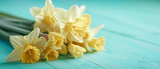   Yellow daffodils on a blue wooden table with scissors nearby