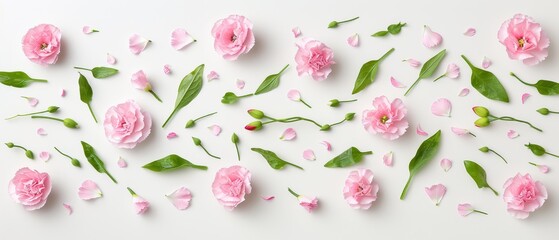   A cluster of pink blossoms against a white background, adorned with green foliage