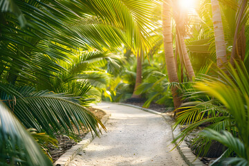  A pathway winding through a forest with towering tropical trees and hanging leaves.