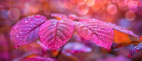   A magnified view of a crimson foliage displaying droplets of precipitation, with a hazy backdrop of vibrant blossoms - obrazy, fototapety, plakaty