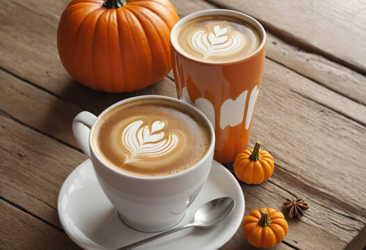 Latte Art Coffee and Pumpkins Autumn Images colorful background