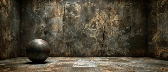 Fotobehang   A metal ball atop a tiled floor adjacent to a wooden wall with peeling paint © Jevjenijs