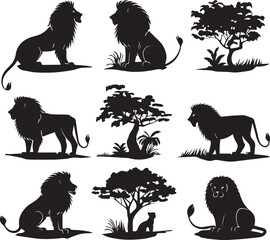 Set of Black Silhouette Lion