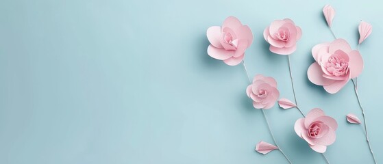   A pink paper flower group on light blue background for card design with text/image insertion