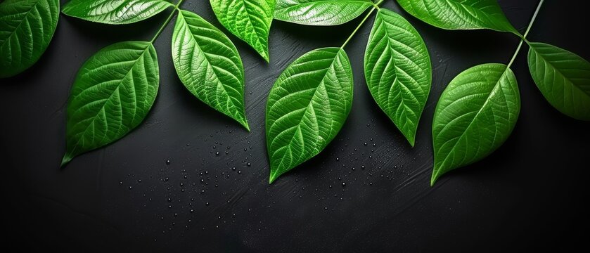  A black background featuring a cluster of lush green leaves dripping with water, providing space for text or an image insertion