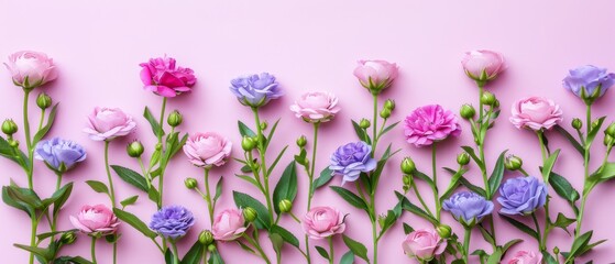   A group of pink and purple flowers on a pink background, surrounded by green leaves and stems