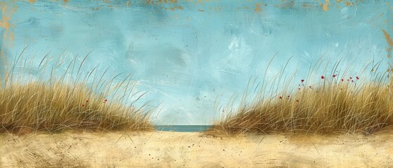  A painting depicts a sandy beach with a blue sky as the backdrop and grass in the foreground The sky is also blue in the background