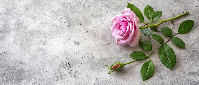   A single pink rose perched atop a cement surface adjacent to a verdant foliage-laden plant branch