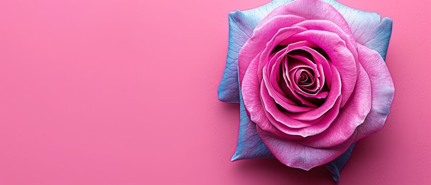   Close-up image of a pink bloom on a pink backdrop, showcasing a blue center in the flower's middle