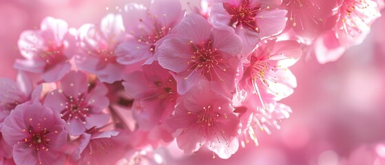   A close-up photo of pink flowers on a tree branch, with a soft focus in the foreground and an out-of-focus background