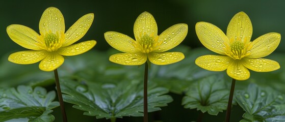   Three yellow flowers with water droplets, surrounded by green foliage
