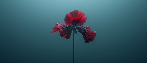   A single red flower atop a lush green plant, amidst a serene blue water pool with effervescent bubbles