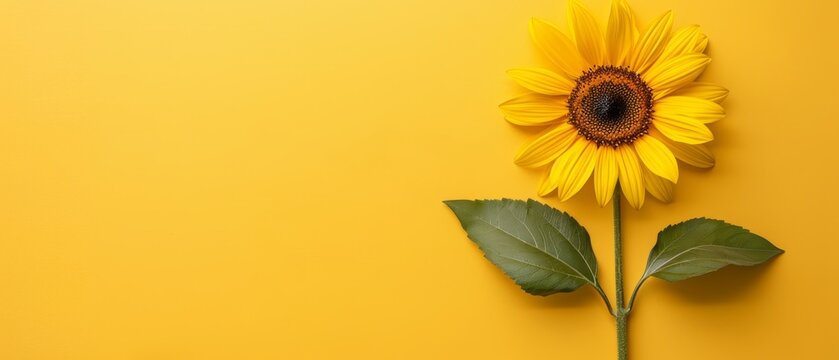  A single sunflower on a yellow background with a green leaf at its base, and another sunflower below it