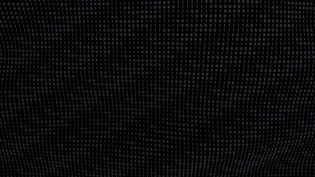 Smooth slow motion moving wavy detailed binary code on black copy space background animation.