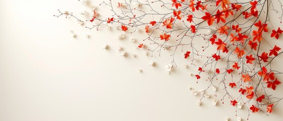   A white wall adorned with red and white flowers dangling from its sides, and a branch laden with red and white blossoms on its branches (51 tokens