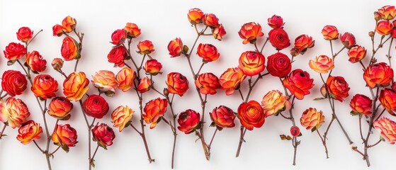   A collection of red blossoms positioned atop a white table, adjacent to one another, upon a white background
