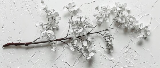   Close-up shot of a flower on a white background with droplets of water on the petals and a twig protruding from it