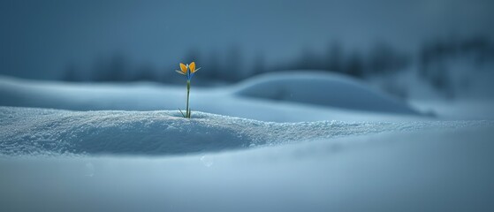   Yellow flower in snowfield at night