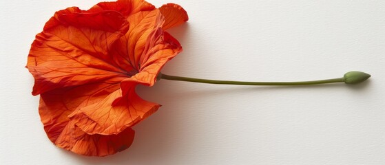   Close-up of orange flower on white background with green stem on flower's end