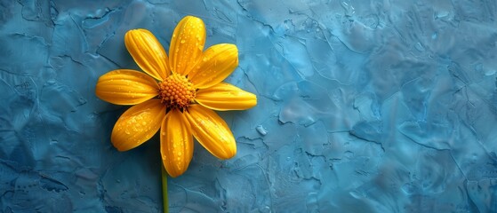   Close-up of yellow flower on blue background with water droplets