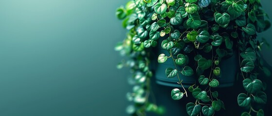   A close-up image of a potted plant with an abundance of green foliage protruding from its container - obrazy, fototapety, plakaty
