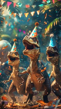 A group of dinosaurs wearing party hats and celebrating a birthday