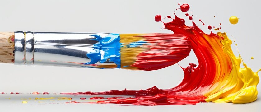   A detailed image of a paintbrush with red, yellow, and blue paint splattering from the bristles