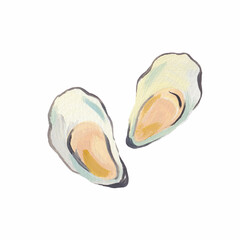 A pair of mussels in shells. Watercolor hand drawn stock illustration. Clip art. - 768439910