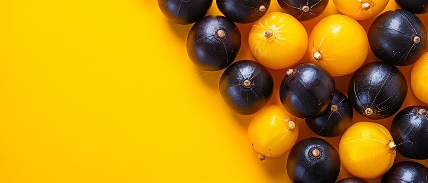   A group of black and yellow fruits on a yellow backdrop