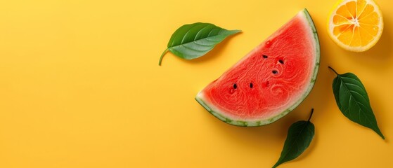   Watermelon slice on yellow surface with adjacent orange slice and green leaf
