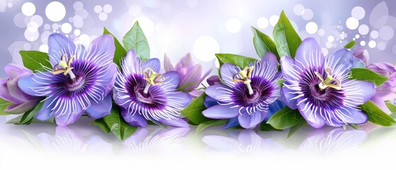   A cluster of purple blossoms atop a verdant tabletop near a blue-white backdrop