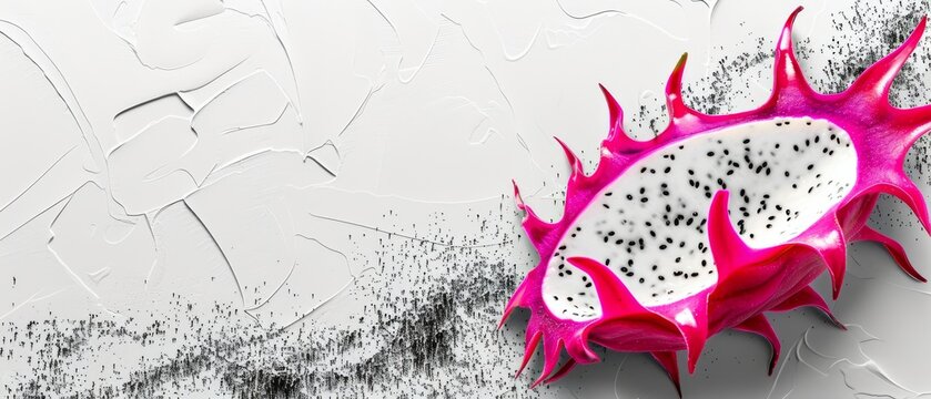   A high-resolution image of a dragon fruit against a clean white and gray backdrop, featuring a sleek black and white graphic design