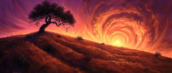 Foto op Canvas   A tree sits atop a hill, bathed in a purple and orange sky with swirling patterns in the backdrop © Jevjenijs