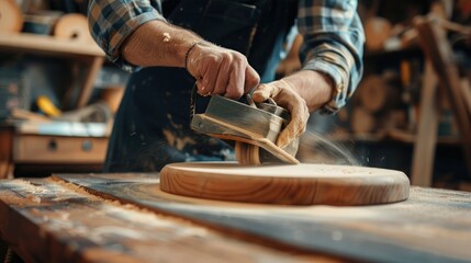 Obraz premium Carpenter sanding wood piece with sander and building handmade furniture piece in workshop