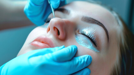 Naklejka premium Close-up of a person with eyelash extensions and makeup, wearing gloves in a beauty salon